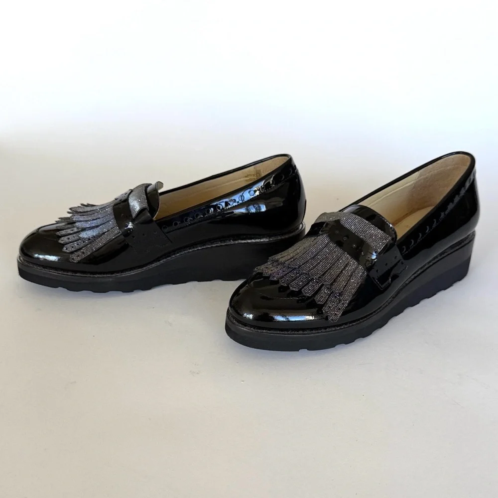 Mr. Pennywise Wedged Black Patent Loafer with Metallic Fringe - Picture 12 of 16